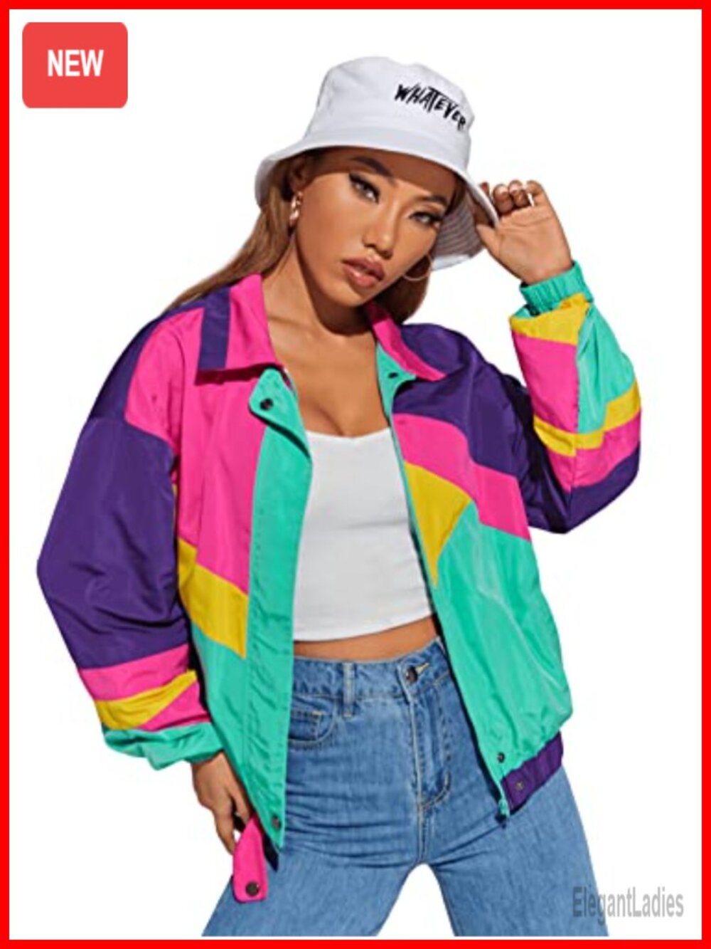 SweatyRocks Women's Lightweight Color Block Retro Bomber Jacket Zipper Front